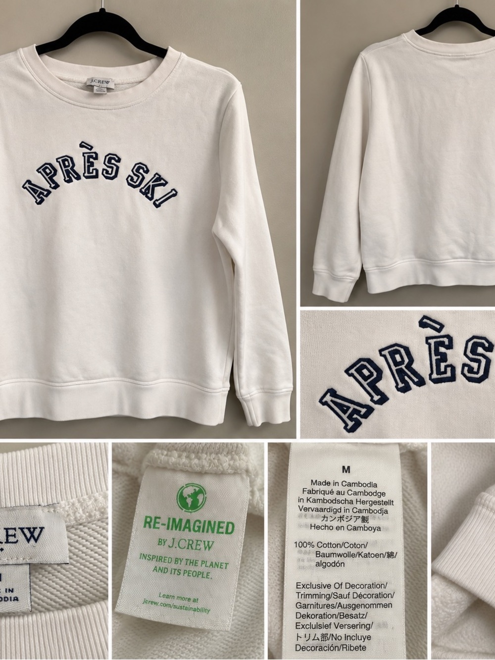 J. Crew White 'APRÈS SKI' Crewneck Sweatshirt with Navy Appliqué